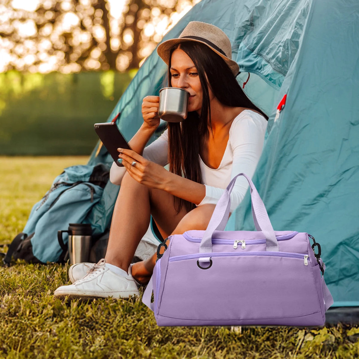 Travel Duffle Bag Gym Bags with Shoe Compartment Wet Pocket Waterproof for Weekender Overnight Gym Sports Traveling Swimming Yoga Workout, Violet