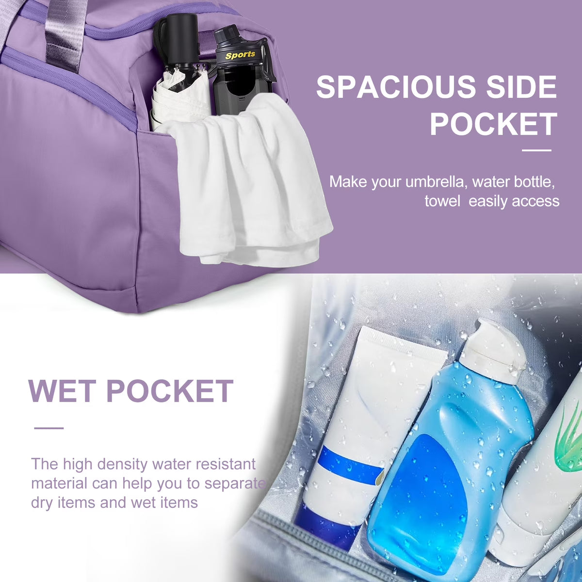 Travel Duffle Bag Gym Bags with Shoe Compartment Wet Pocket Waterproof for Weekender Overnight Gym Sports Traveling Swimming Yoga Workout, Violet