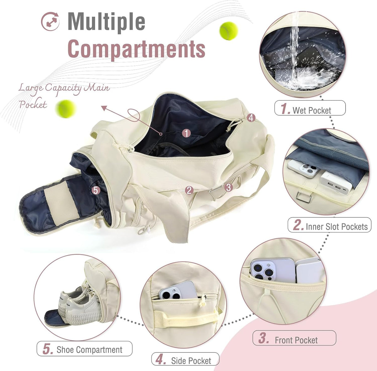 Gym Bag for Women, Travel Duffle Bag with Water Bottle Holder, Beige | Weekender Overnight Workout Carry on Small Tote Sport Gym Bag with Shoe Compartment&Wet Pocket for Fitness, Yoga, Weekend