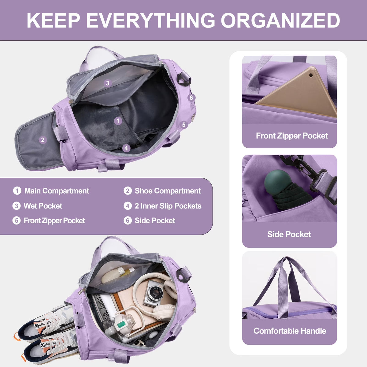 Travel Duffle Bag Gym Bags with Shoe Compartment Wet Pocket Waterproof for Weekender Overnight Gym Sports Traveling Swimming Yoga Workout, Violet