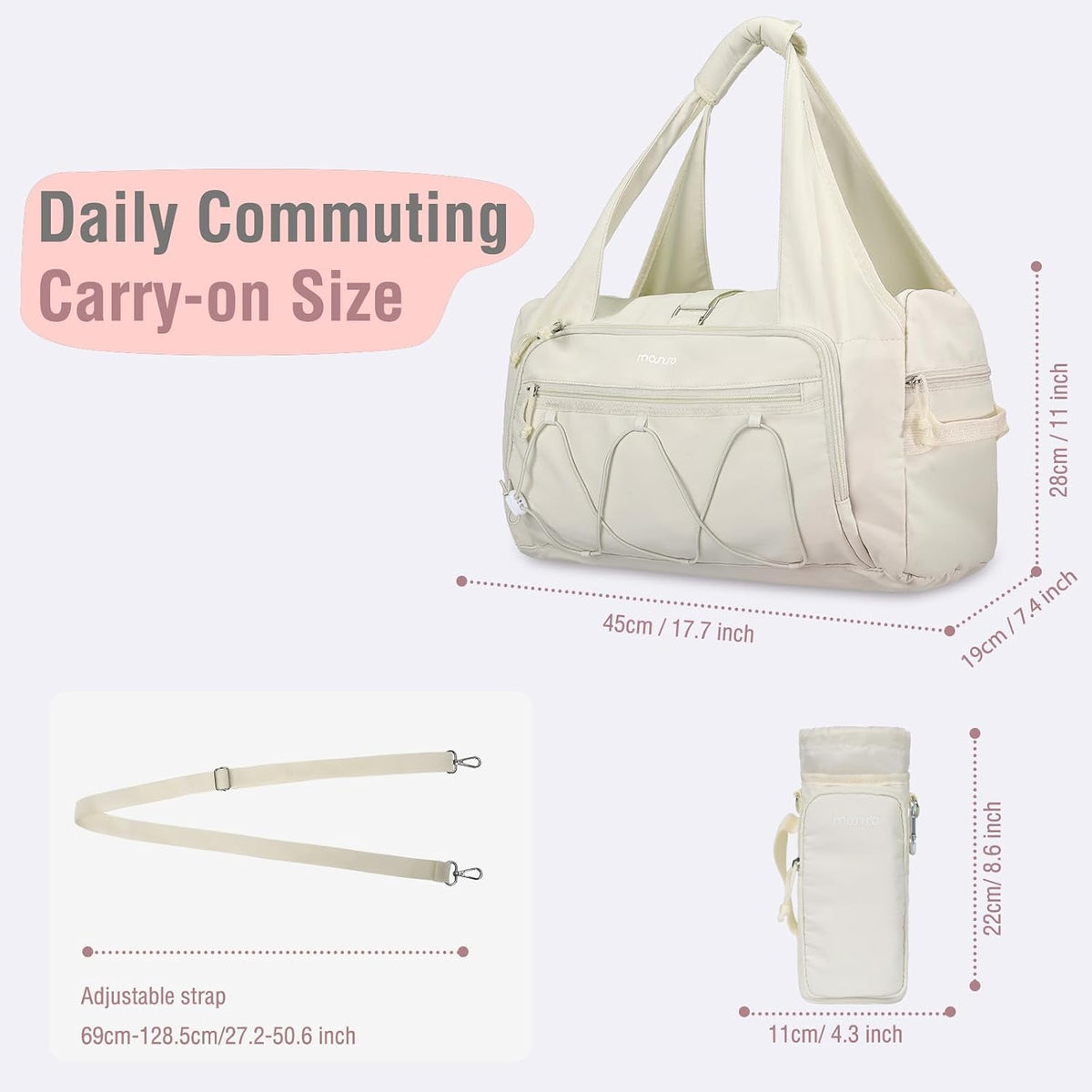 Gym Bag for Women, Travel Duffle Bag with Water Bottle Holder, Beige | Weekender Overnight Workout Carry on Small Tote Sport Gym Bag with Shoe Compartment&Wet Pocket for Fitness, Yoga, Weekend
