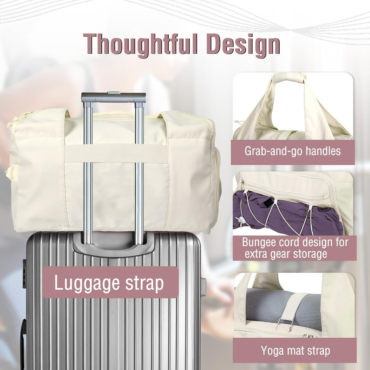 Gym Bag for Women, Travel Duffle Bag with Water Bottle Holder, Beige | Weekender Overnight Workout Carry on Small Tote Sport Gym Bag with Shoe Compartment&Wet Pocket for Fitness, Yoga, Weekend