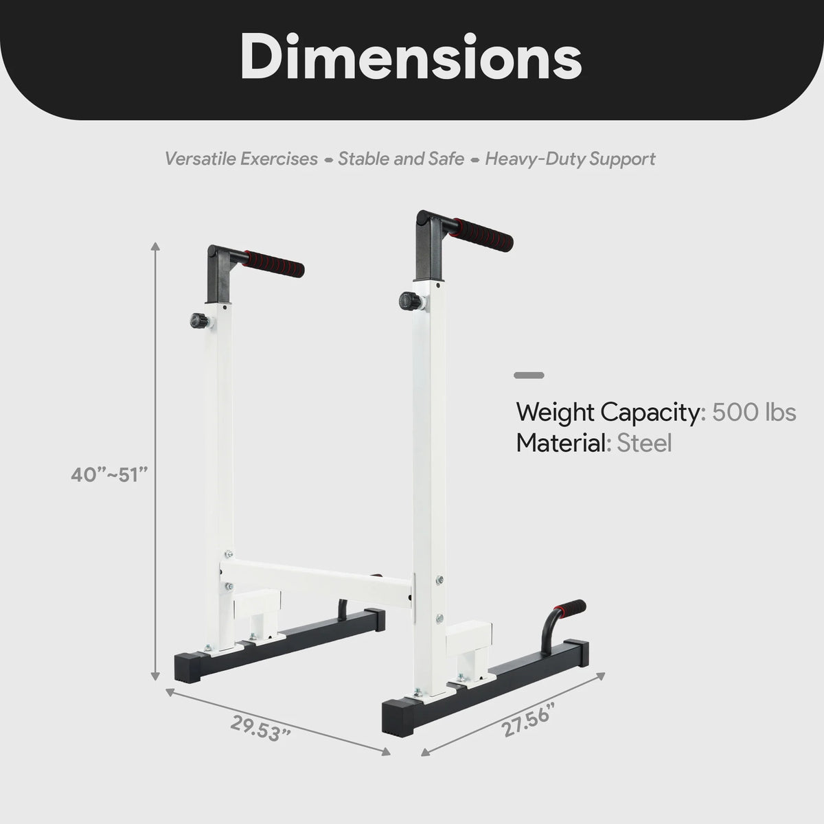 Steel Frame Dip Station with Adjustable Height, 500 Lb Weight Capacity, White