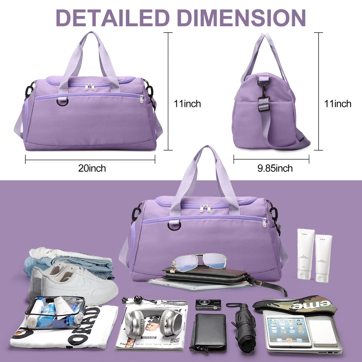 Travel Duffle Bag Gym Bags with Shoe Compartment Wet Pocket Waterproof for Weekender Overnight Gym Sports Traveling Swimming Yoga Workout, Violet